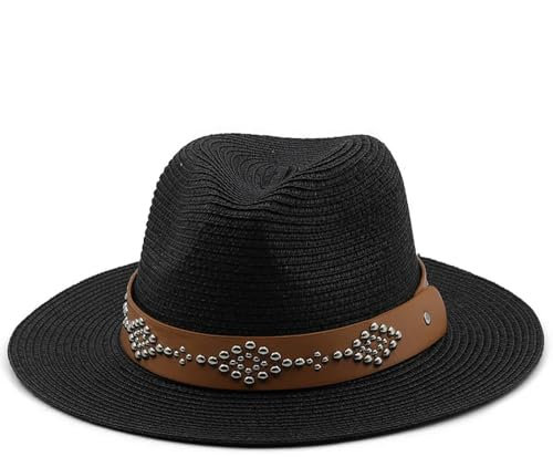 SOYNIA Sonnenhut Strohhut Hut Einfaches Mädchen Sommer Hüte Für Frauen Männer Breit Brim Beach Jazz Hut Kühlung Damen Angeln Sonne Strohhut Adult55-58Cm 12 Schwarz