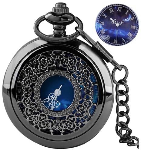Tiong Pocket Watch Hollow Blue Star Design Roman Numerals Pocket Quartz Watches with Chain Christmas Birthday Gifts for Men Women
