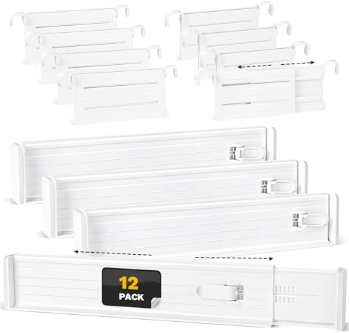 GIOVARA Séparateur Tiroir en Plastique Lot de 12 Separateur Tiroir Cuisine Réglable,extensibles de 30 à 55 cm, Séparateurs de Tiroirs Extensibles pour Bureau, armoires et commodes