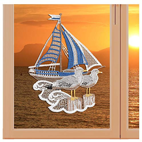 artex deko Fensterbild Segelboot mit Möwen Maritime Fensterdekoration hochwertige Plauener Spitze gestickt 17 x 24 cm