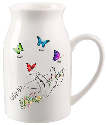 Wamantic Personalisierte Keramik Vase - Benutzerdefinierte 1-8 Namen & Text mit Getrockneten Schmetterlingen für Home Decor - Geschenke für Oma Mama(4-Namen)