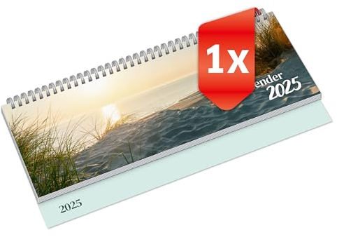 PRIMUS PRINT Tischkalender 2025 Quer Wochenkalender – 112 Seiten Terminkalender und Jahreskalender, – 297x130mm, 75g Naturpapier, Drahtkammbindung, Feiertage und Schulferien - [Einzeln - Strand]