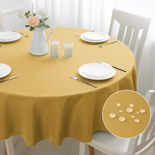 mosayt Weihnachten Tischdecke Gold Rund 160 cm Durchmesser Abwischbare Tischdecken Wasserabweisend Tischtuch Outdoor Herbst Tischwäsche Große Table Cloth für Garten Party Geburtstag Silvester Hochzeit