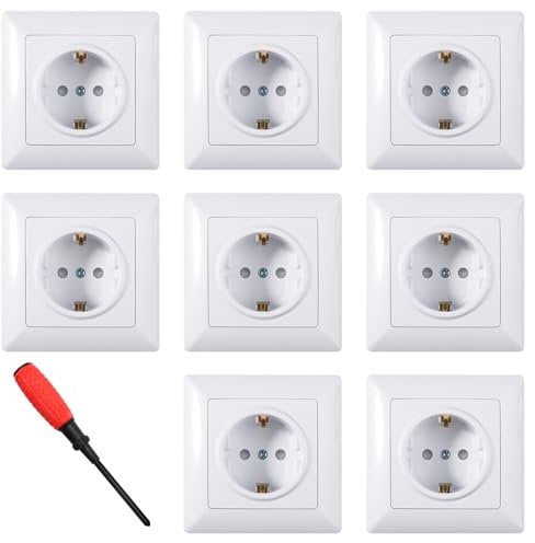 ZIGefofo 8 Piezas Enchufe de Pared Empotrado Schuko Enchufe Simple 16A 250V Toma de Corriente Superficie Blanco Enchufes Empotrar con Destornillador para Cocina Dormitorio Oficina (82 mm x 82 mm)