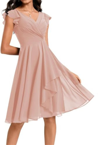 Robe de demoiselle d'honneur courte en mousseline de soie avec col en V et poches pour femme, vieux rose, 38