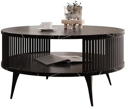 Mirjan24 Couchtisch Rajkon, runde Form (Black Pietra Grigia, Schwarz) | Moderner Wohnzimmertisch mit praktischer Ablage, stabilem Stahlgestell und pflegeleichter Oberfläche