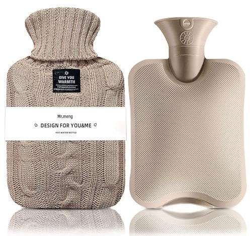 Hot Water Bottle with Knitted Cover, Leak-Proof Hot Water Bag for Hot and Cold Compress, Hand Feet Warmer, Ideal for Menstrual Cramps, Neck and Shoulder Pain Relief,Warming Bed (Khaki, 2 L)