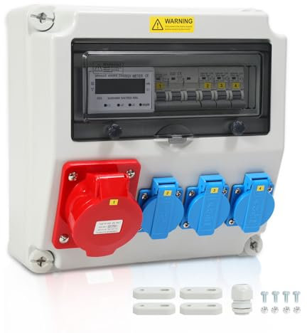 Joparri Distributeur mural 3 x 16 A/230 V/IP44 Schuko - Répartiteur électrique 5 pôles avec ampèremètre - Câble d'alimentation en caoutchouc lourd - Prises de sécurité