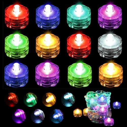 Joycabin 12 Stück Tauchbare LED Lichter, Flammenlose LED Kerzen Teelichter, Mini Unterwasser Licht Wasserdichte Lichter kleines LED Dekolichter für Aquarium Garten Teich Hochzeitsfeier (Mehrfarbige)