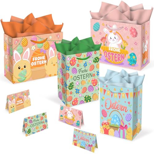 4-PACK Ostern-Geschenktaschen, mit Karten und Tissue-Papier, 33 x 26 x 12.5CM, Frühlingsferien-Papiertaschen für Osterfest-Bevorzugung, Geschenkverpackung
