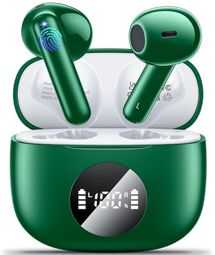 kauguo Cuffie Bluetooth, Auricolari Bluetooth 5.3 con 4 ENC Noise Cancelling Mic Cuffie Wireless 42 Ore Display LED Cuffie Wireless Bluetooth Sport IPX6 Impermeabile Hi-Fi Stereo Charging Verde