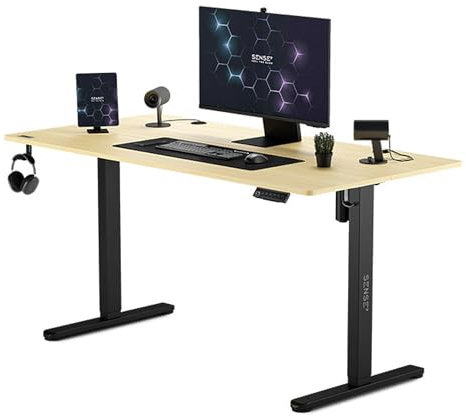 SENSE7 Bureau électrique NOJO, Bureau Debout 140x70, Bureau PC avec mémoire, Bureau Debout avec Plateau pour câbles, Bureau de Jeu avec Crochets, réglage en Hauteur Silencieux, BlackPine