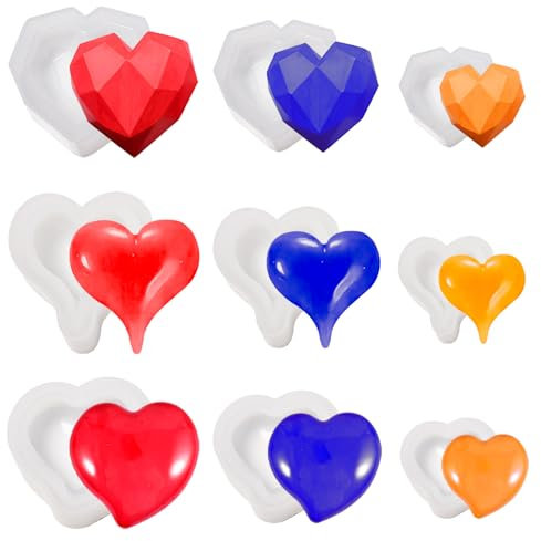 Keboyoe 9 Pièces Moule en Coeur Silicone 3D Moule Coeur Resine Moule Coeur Epoxy Resine Moule Silicone Resine Epoxy en Coeur pour Moules de Bricolage, Bijoux, Pendentifs
