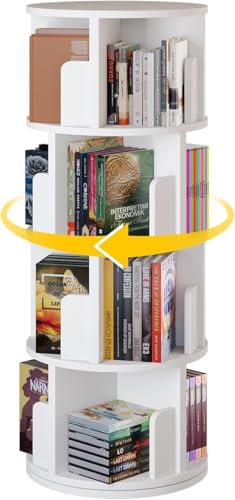 oneinmil Drehbares Bücherregal mit 4 Ebenen 360° Frei,Drehregal Büroregal,für Wohnzimmer, Arbeitszimmer, Büro, als Raumteiler 40 x 40 x 131 cm,Weiß