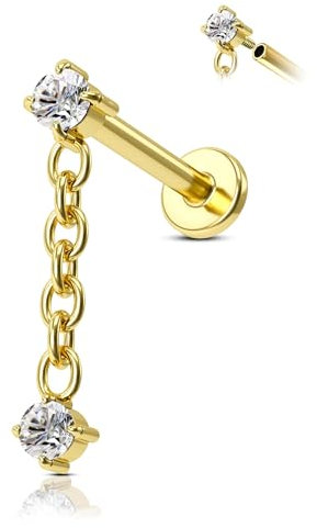 Agrewd Minimalistische flache Rückseite Helix Tragus Labret Piercing Schmuck Gold G23 Massives Titan Helix Knorpel Ohrringe Ohrstecker 16G Innengewinde Helix Ohrringe mit baumelnder Kette für