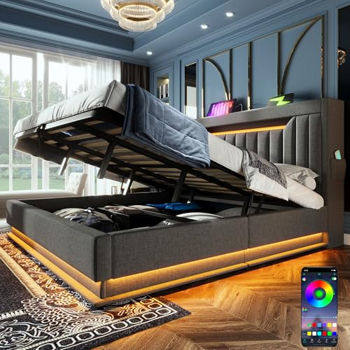 Lit 160x200 avec Sommier LED et USB C, Lit Coffre 160x200 avec coffre hydraulique et tête de lit coffre, Lit Double avec à Lattes Lit 2 Personnes, Lit Rembourré Cadre de lit en Lin Gris(Sans Matelas)