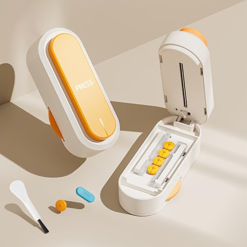 Quuylin Tablettenteiler,Tablettenschneider mit Aufbewahrungsfach und Bürste | pill cutter, Pillenteiler Mit versteckter Schneide Aus Edelstahl, für Kleine und Große Tabletten, Gelb