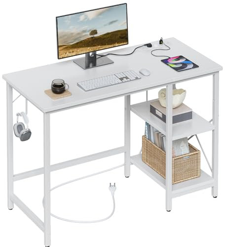 CubiCubi Computer Desk with Power Outlets, 100 x 50 cm Office Desk with Reversible Storage Shelves, Small Table Modern Style for Study, Bedroom, Living Room, White