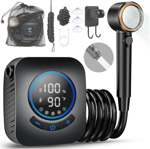 Tragbare Campingdusche, 8000mAh Wiederaufladbare Außendusche mit Duschkopf | Elektrische Aufladung Pumpe mit Intelligenter Digitalanzeige, Temperaturanzeige, Duschkopf für Camping, Wandern, Reisen