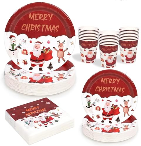 LATERN 100Pcs Christmas Party Paper Tableware Set, 25 x 9 Inch Dinner Plates, 25 x 7 Inch Salad Plates, 25 x 270ml Cups, 25 x 16CM Napkins - for Christmas Winter Holiday Party Decoration
