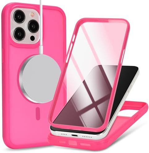 Zouzt Matte Case for iPhone 15 Pro Max 6.7 with Screen Protector Compatible with Magsafe, Glass Screen Protector 360 Full Body Protective Shockproof Magnetic Phone Case, Anti-Fingerprint - Rose Red