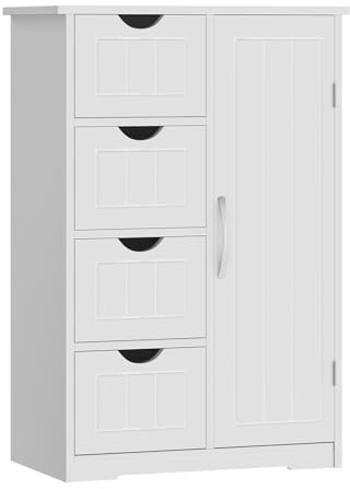 Sweetcrispy Badezimmerschrank, Badschrank,Hochglanz Weiß, 55x30x 82cm | Modern, 4 Schubladen & 1 Tür, Mit Einlegeboden, Großer Stauraum, Schmale Badkommode,Badezimmer Kommode