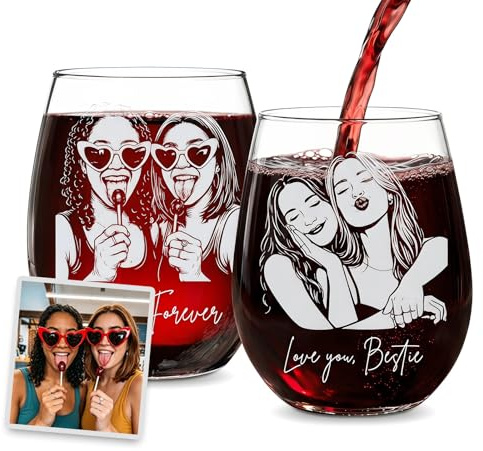 UIDMEN Copa de vino personalizada Besties con foto y nombre, 15 oz sin pie, regalo BFF para mujeres, también para almas hermanas, bestias, hermana, familia, novia, damas de honor