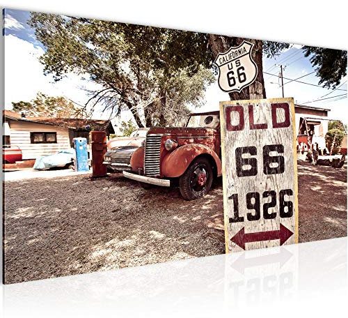 Runa Art Wandbild Auto Route 66 1 Teilig 100 x 40 cm Modern Bild auf Vlies Leinwand Oldtimer Wohnzimmer Bunt Rot 609812a