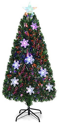 COSTWAY 150cm Árbol de Navidad Artificial Verde con Fibra Óptica, Cambia Color con Copos de Nieve, Soporte Metálico, PVC Ignífugo de 170 Ramas, para Navidad Hogar Fiesta Decoración (150CM)