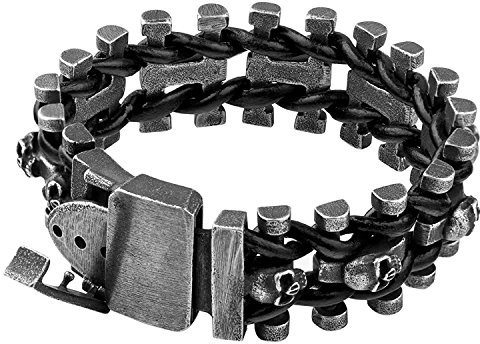 Punk Black Wide Titanium Steel Skulls Link & Woven Leather Buckle Bracelet for Men Women 22cm