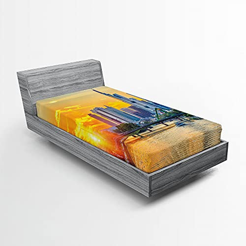 ABAKUHAUS Fernweh Spannbetttuch, Frankfurt Architektur, Soft Dekorativer Stoff Bettwäsche Rund-um Elastischer Gummizug, 90 cm x 190 cm, Marigold Blau