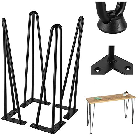 4x41cm Haarnadel Tischbeine mit Dreifachstab - Möbelfüße für Kaffeetisch,Tisch und Schreibtisch - inklusive Freie Bodenschoner, Schwarz