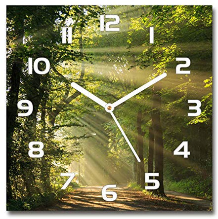 Tulup Glasuhr - 60x60cm - weißen Zeigern - Wanduhr Wandkunst Bild Gehärtetem Glas Uhr Echtglas Küche Wohnzimmer - Wald in der Sonne