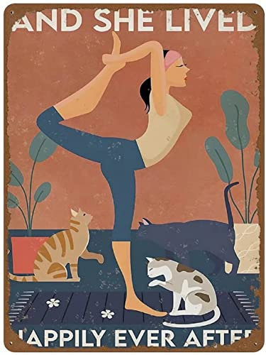 Blechschild Vintage Wandposter Retro Metal And She Lived Happily Ever After Poster Love Yoga Poster Cat Poster Indoor/Outdoor Home Bar Coffee Kitchen Wall Decor 20,3 x 30,5 cm