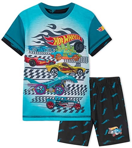 Hot Wheels Schlafanzug Kinder Jungen Kurz 2 Teiliges Pyjama Set Loungewear Bequemer Sommer Nachtwäsche Auto Geschenk (6-7 Jahre, Blau)