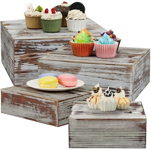Set mit 4 stapelbaren Holz-Display-Boxenständern, Fackel-Stil, Holz-Tortenständer, 4 Größen, rustikaler Holz-Cupcake-Ständer, quadratisch, Vintage-Ständer, stapelbar, für Party, Tisch, Hochzeit