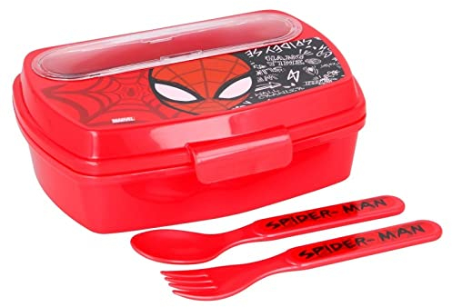 OM SUPPLIES Spiderman-Cartoon-Figuren für Kinder, Sandwich-Box mit Kunststofflöffel und Gabel, ideal für Schule oder Picknick (Spiderman)