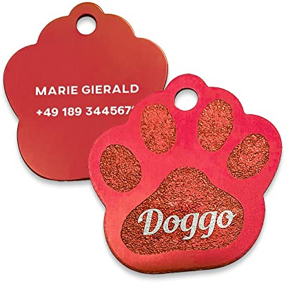 Geschenkfreude Hundehalsband Anhänger mit Gravur - Hundemarke personalisiert/Adressanhänger Hund Pfote - für mittelgroße bis große Hunde - rot