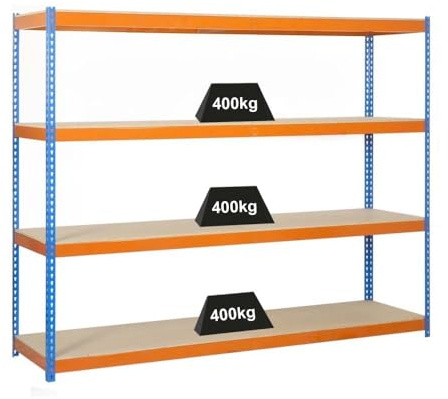 PROREGAL Weitspannregal Wood Yeti Four | HxBxT 200x120x75cm | Fachlast 400kg | Blau-Orange Schwerlastregal Metallregal Kellerregal Werkstattregal Lagerregal