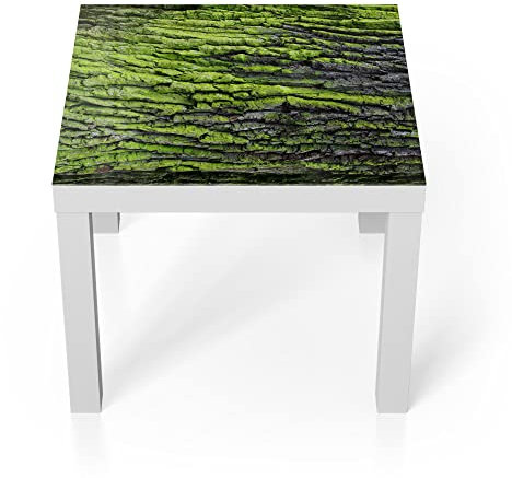 DEQORI Glastisch | weiß klein 55x55 cm | Motiv Moosbewachsene Baumrinde | ausgefallener Beistelltisch aus Glas | Hochglanz Couchtisch fürs Wohnzimmer | moderner Couch Tisch mit Design