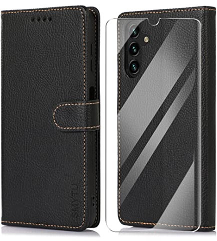 SMYTU Cover a Libro per Samsung Galaxy A14 4G / 5G + Vetro Temperato,Custodia Samsung Galaxy A14 4G / 5G,Custodia Flip in Pelle Magnetica Portafoglio - Nero