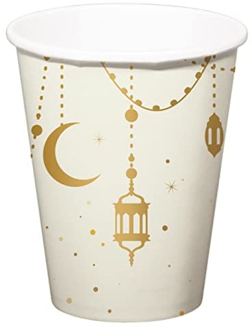 Folat 24893 Eid Mubarak Vasos Oro Blanco 250 ml 8 piezas - Ramadán Decoración con Clásico Estrellas Luna para Eid Al Fitr y Eid Al Adha