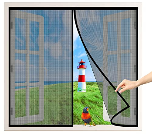 Magnetic Screen Window, 90x155 cm Magnetic Mesh Screen Window Anti Mosquito Bugs Mesh Curtain for Keep Bugs Fly Out, Install Without Drilling, Black P