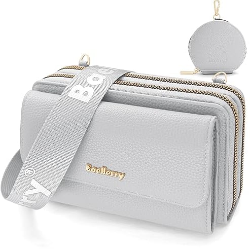 HNOOM Sac Bandoulière Femme Pochette Telephone Portable en Cuir PU Sac Téléphone Portable Femme Mini Pochette Porte Carte Épaule Portefeuille avec Porte Monnaie et Bandoulière Amovible (Gris)