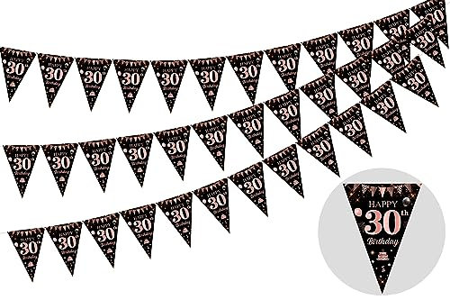 Cheereveal 3 Pack 30th Happy Birthday Bunting Banner, 36 Pieces Triangle Flag Black and Rose Gold, 30th Birthday Decoration, Birthday Pennant Banner for Women, Birthday Anniversary Party Supplies
