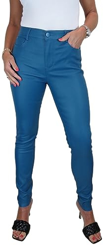 icecoolfashion Women's High Waist Stretch Leather Look Jeans Ladies Skinny Coated Jean Trousers with Pockets Air Force Blue 10-22 (16)