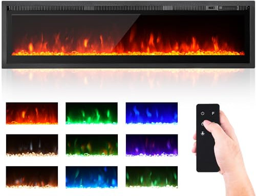 EROMMY Camino Elettrico Indipendente, Montaggio a Parete, Incasso, Effetto Fiamma a 9 Colori, Telecomando, 750W/1500W, Stufa Elettrica con Set di Cristalli e Ceppi (127cm)