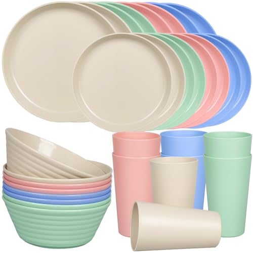 Greentainer Geschirrsets aus Kunststoff (32pcs) | Leicht und Unzerbrechlich Camping Geschirr Set,Teller, Schüsseln,Tassen,Tafel-Service für 8 Person, Ideal für Kinder & Erwachsene