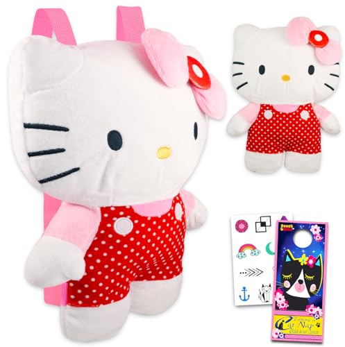 Hello Kitty Juego de mochila de felpa para niñas, paquete de regalo de Hello Kitty con peluches Hello Kitty con correas ajustables más tatuajes temporales y más | Mochila de felpa Hello Kitty, Rosado,
