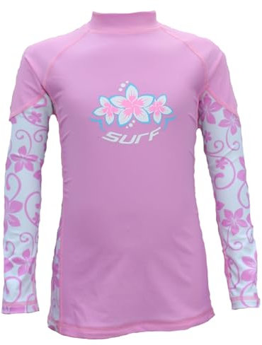 Kidz Swimmers Surf Girls - Rash Vest a maniche lunghe con protezione solare UPF 50+, Very Peri e fucsia o fucsia rosa e bianco, Rosa fucsia e bianco, 13-14 Anni